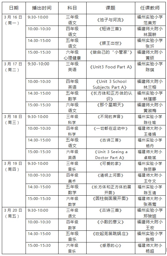 第四周福建省小学“空中课堂”课表来啦！
