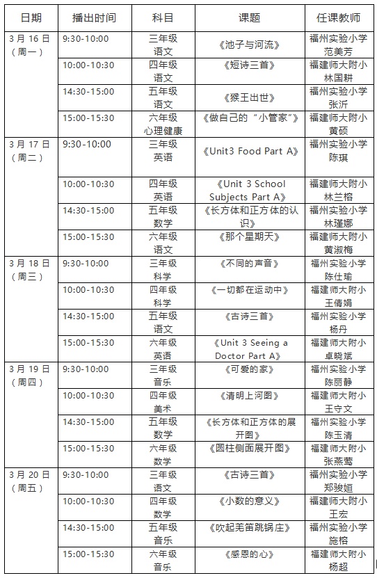 第四周福建省小学“空中课堂”课表来啦！