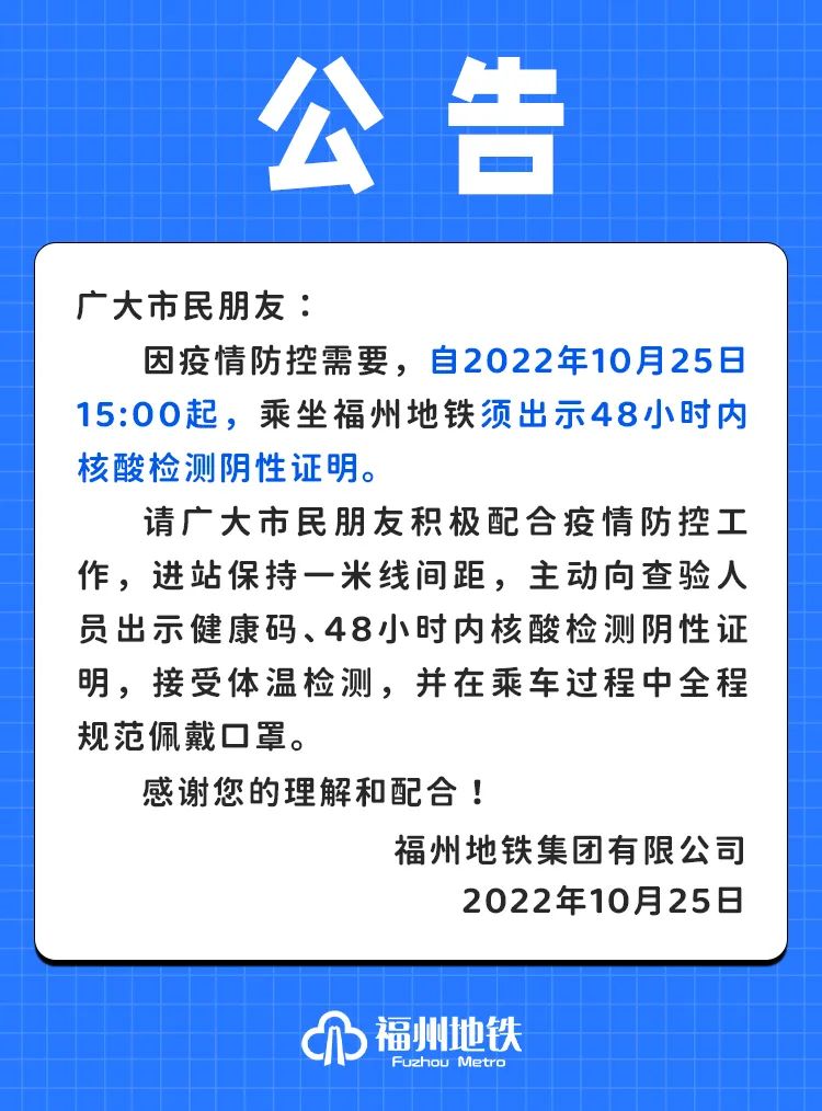 今天15时起，乘福州地铁须出示48小时内核酸证明！（附长乐最新地铁周边采样点）